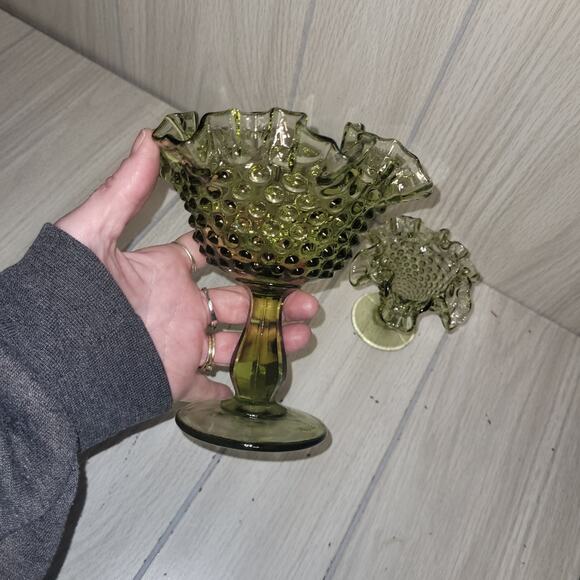 Vtg Fenton Hobnail Footed Green Glass Ruffle Compote Dish Set MCM - Picture 3 of 6